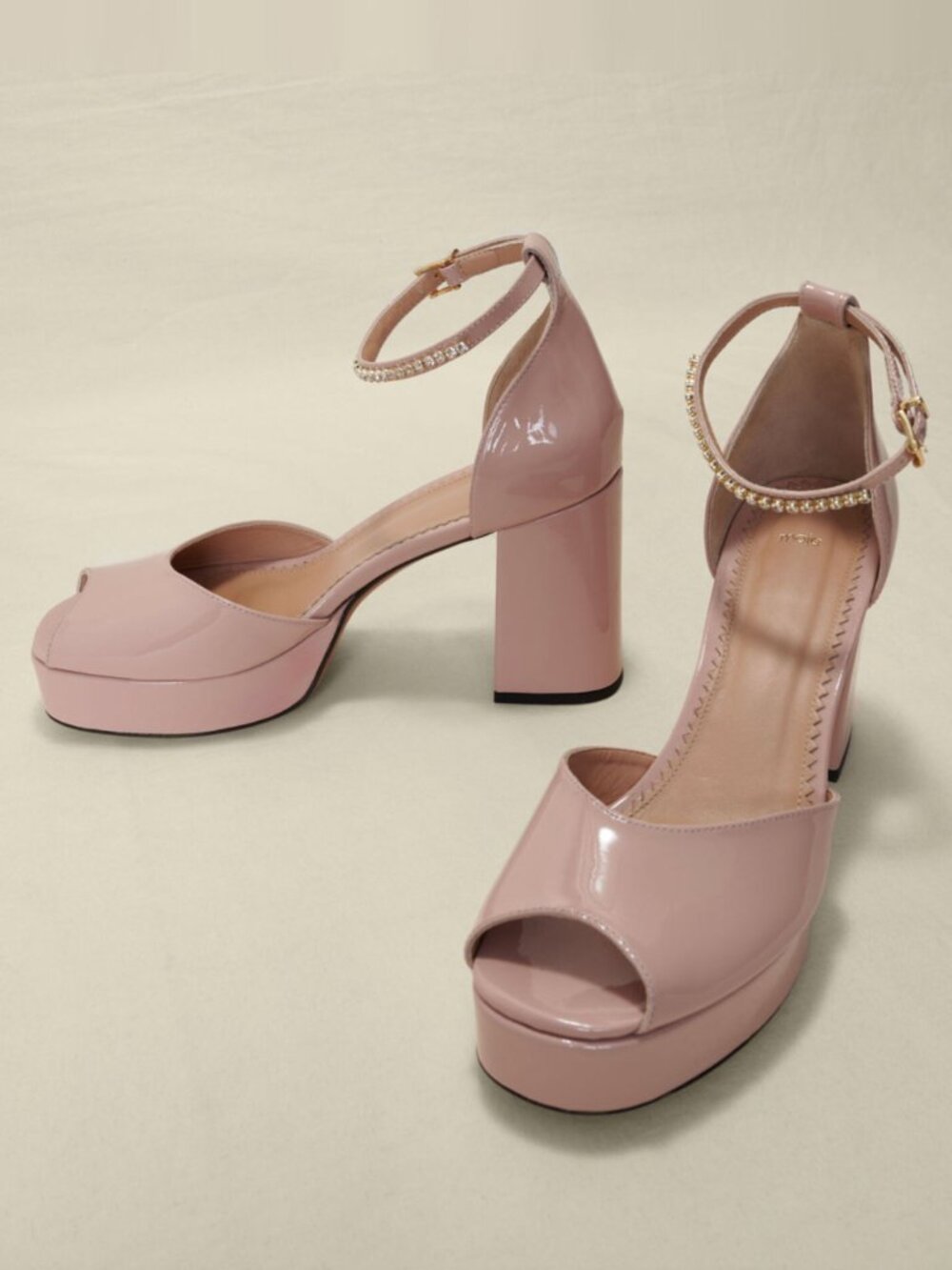 Maje Patent leather heeled sandals Peep-Toe Platform Block Heel Rose Blush Jewel